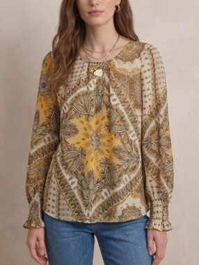 🟣 Sz S Cleo Mustard Yellow Paisley Semi-Sheer Women's Top Boho Blouse